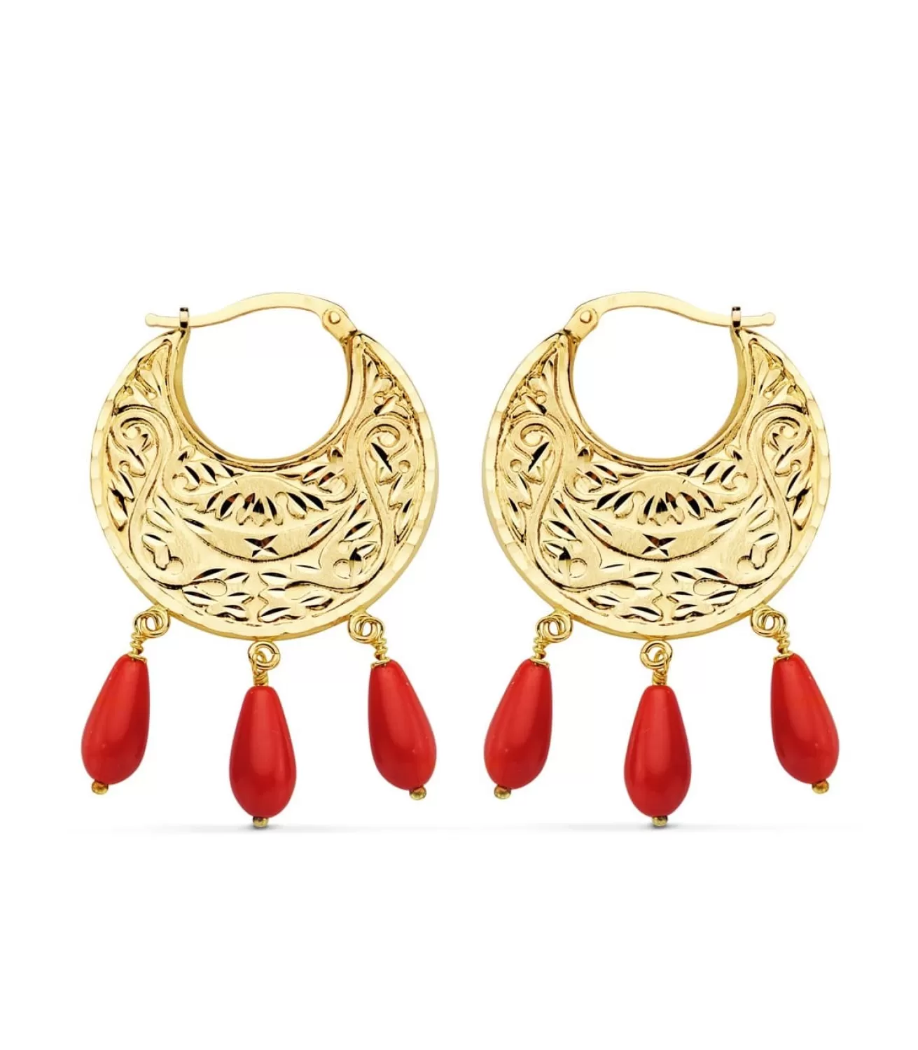 Aros Tallados Coralina Oro Amarillo 18 K 32 Mm<Alda Joyeros Outlet