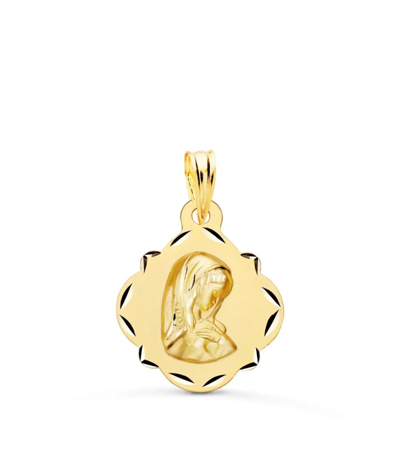 Medalla Virgen Niña Pandereta Tallada Oro 18 K 16 Mm<Alda Joyeros Store